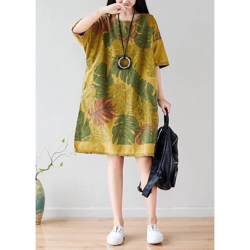 French Yellow O-Neck Oversized Print Cotton Vacation Dresses Short Sleeve