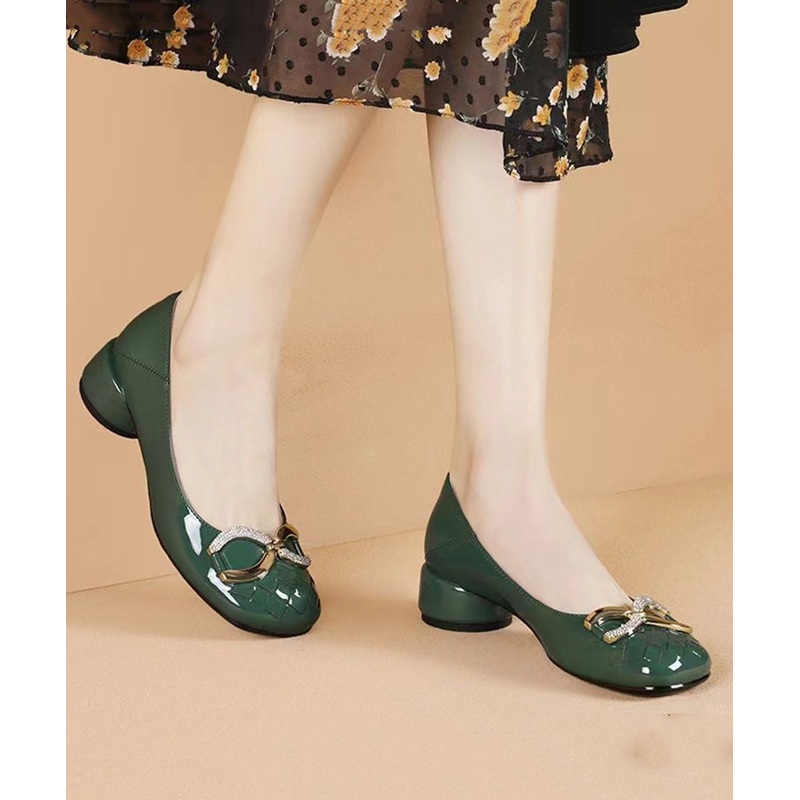 Green Loafer Shoes Chunky Faux Leather Stylish Splicing