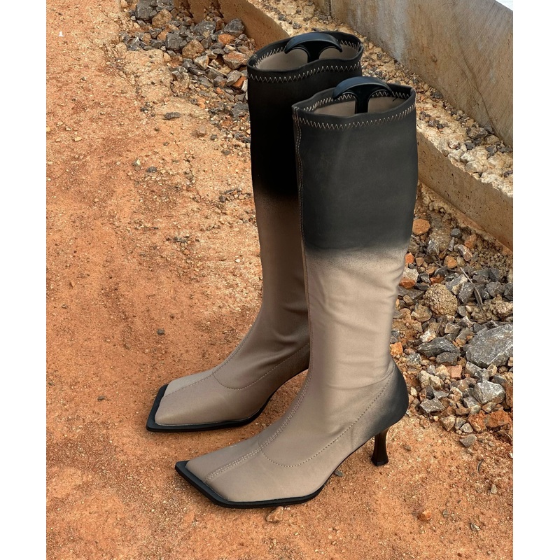 Grey Gradient Faux Leather Splicing Original Design High Heels Boots