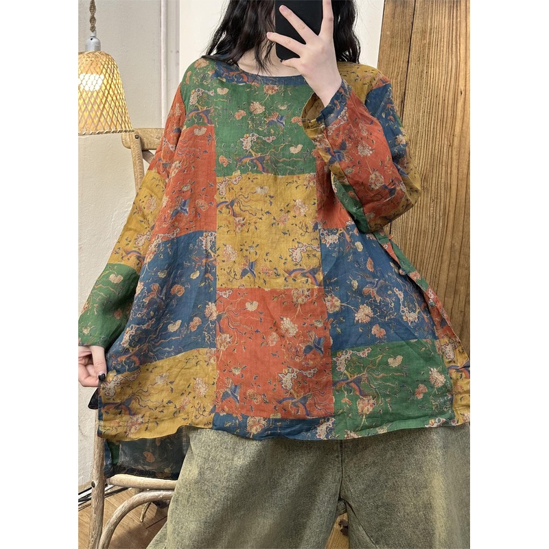 Handmade Colorblock O Neck Print Linen Tops Long Sleeve