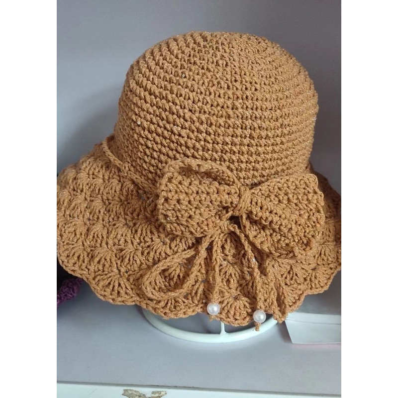 Handmade Khaki Lace Patchwork Bow Knit Blended Bonnie Hat