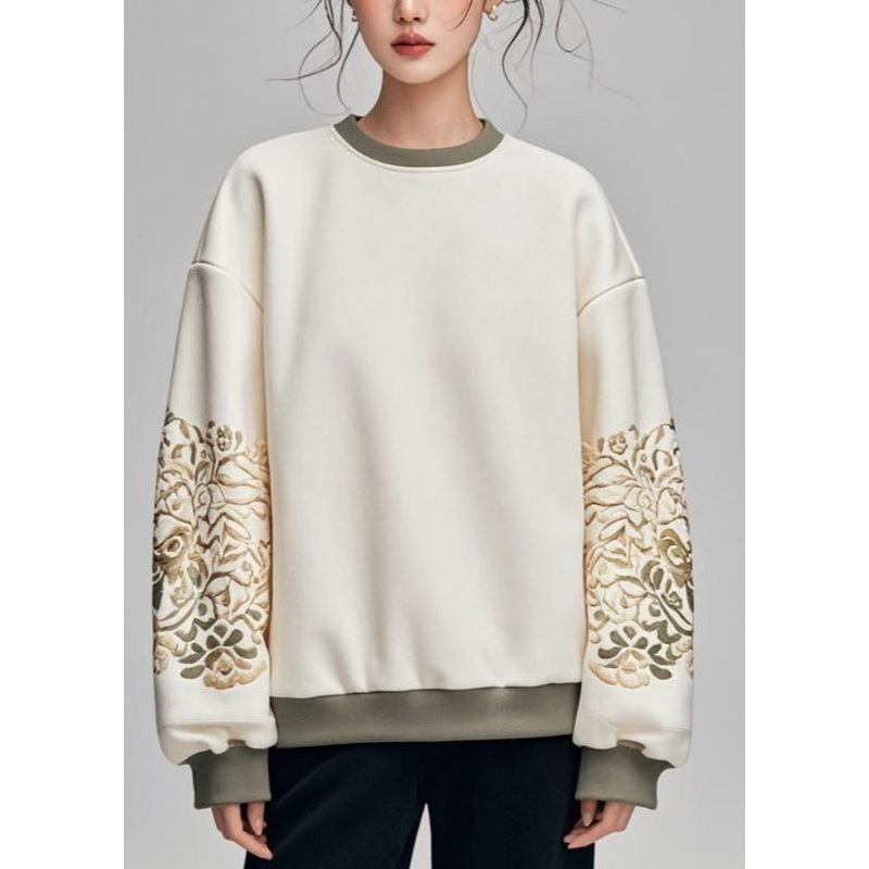 Handmade White O-Neck Embroidered Sweatshirt Fall