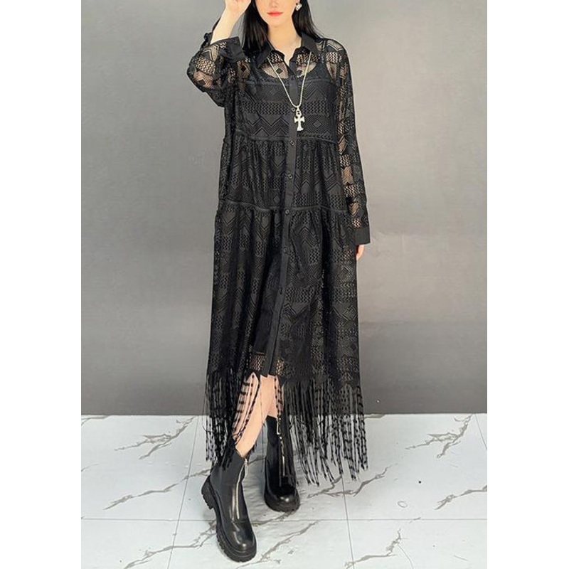 Italian Black Peter Pan Collar Tassel Hollow Out Cotton Shirts Dress Fall