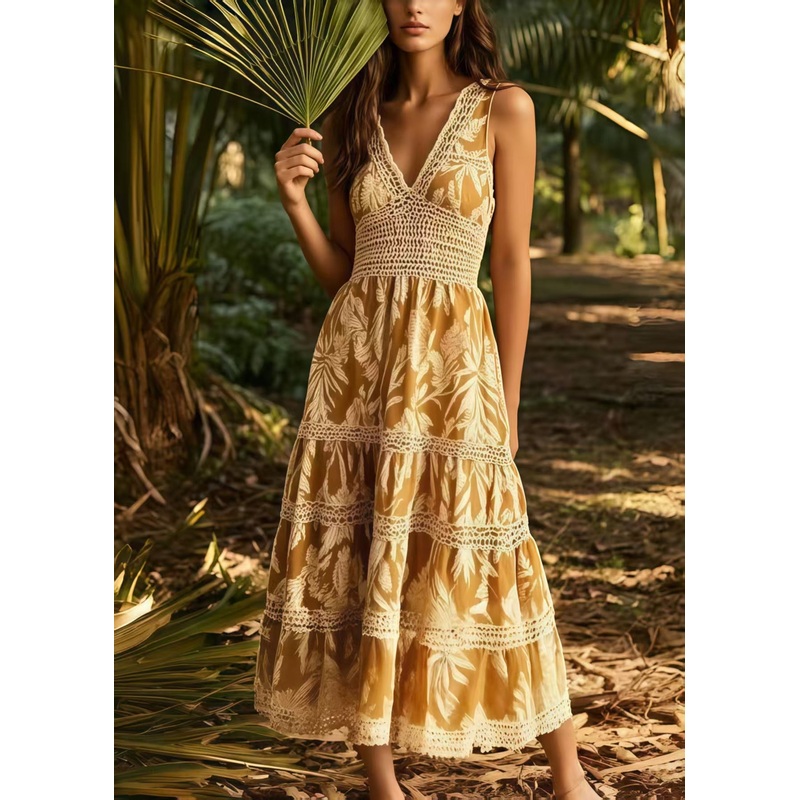 Italian Khaki Print Patchwork Lace Sundress Summer