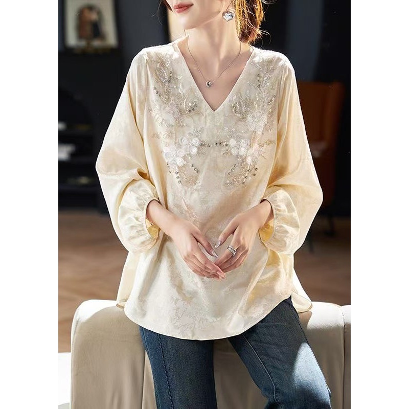 Jacquard Beige V Neck Zircon Chiffon Blouses Spring