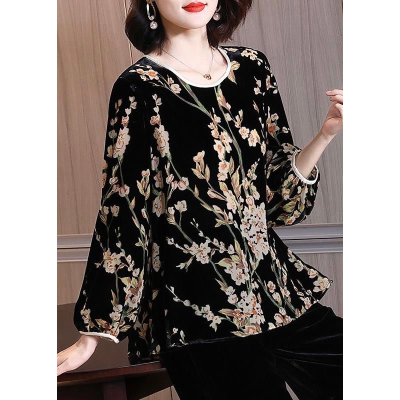 Jacquard Black O-Neck Silk Velour Shirt Long Sleeve