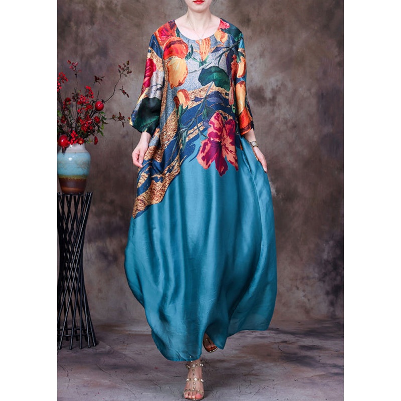 Lake Blue Pockets Print Silk Long Dresses O Neck Half Sleeve