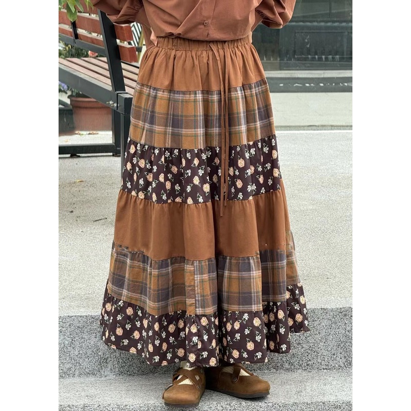 Loose Caramel Print Elastic Waist Patchwork Cotton Skirts Spring