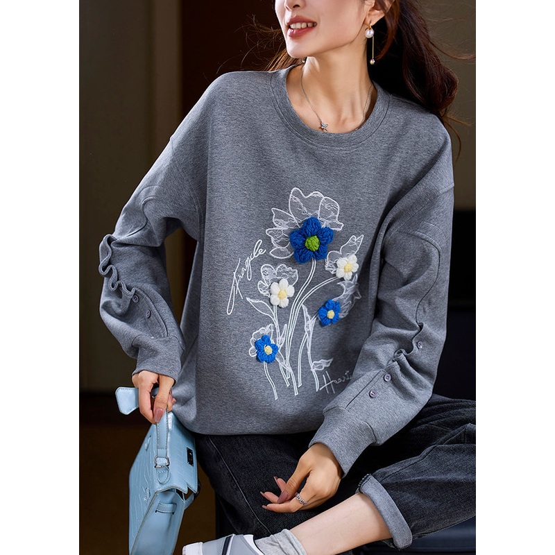 Loose Grey O Neck Floral Patchwork Cotton Sweatshirt Spring