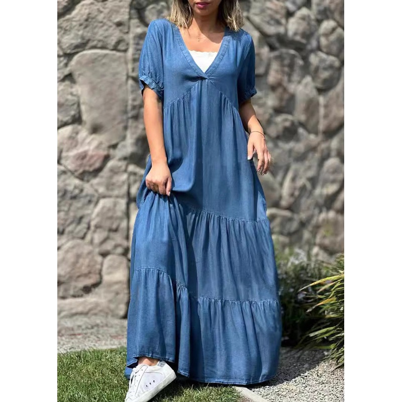 Loose Navy V Neck Pockets Patchwork Denim Maxi Dresses Summer