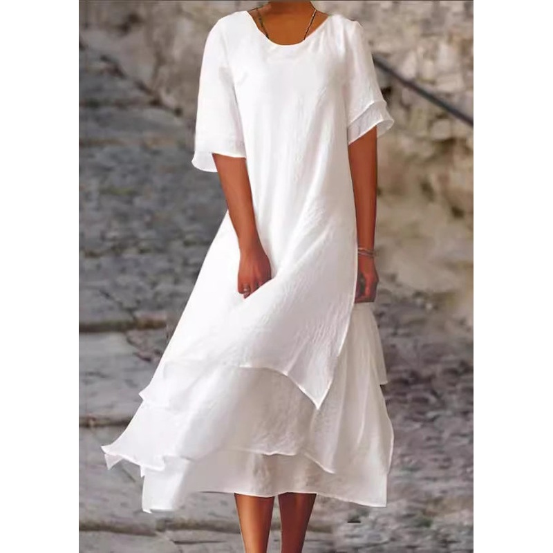 Loose White O Neck Side Open Cotton Dresses Short Sleeve