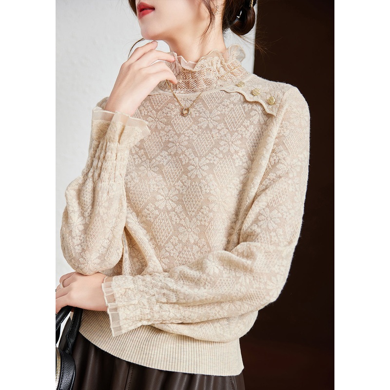 Modern Beige High Neck Metal Buttons Cotton Shirts Spring