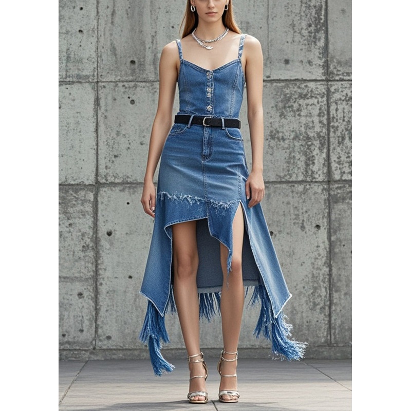 Modern Blue Asymmetrical Tasseled Denim Skirts Fall