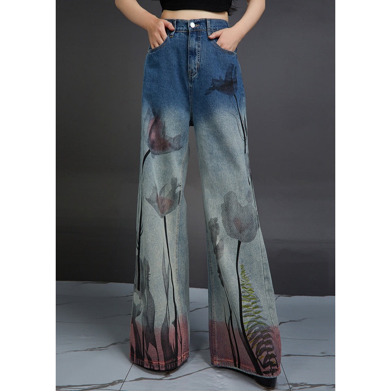 Modern Blue Print Pockets High Waist Denim Pants Fall