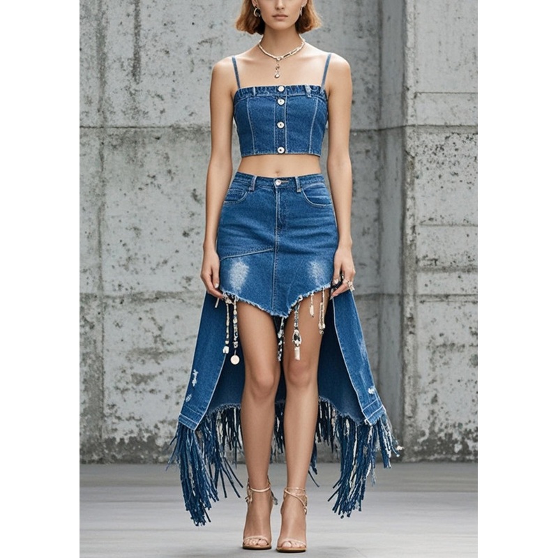 Modern Denim Blue Tasseled Skirt Asymmetrical Design Fall