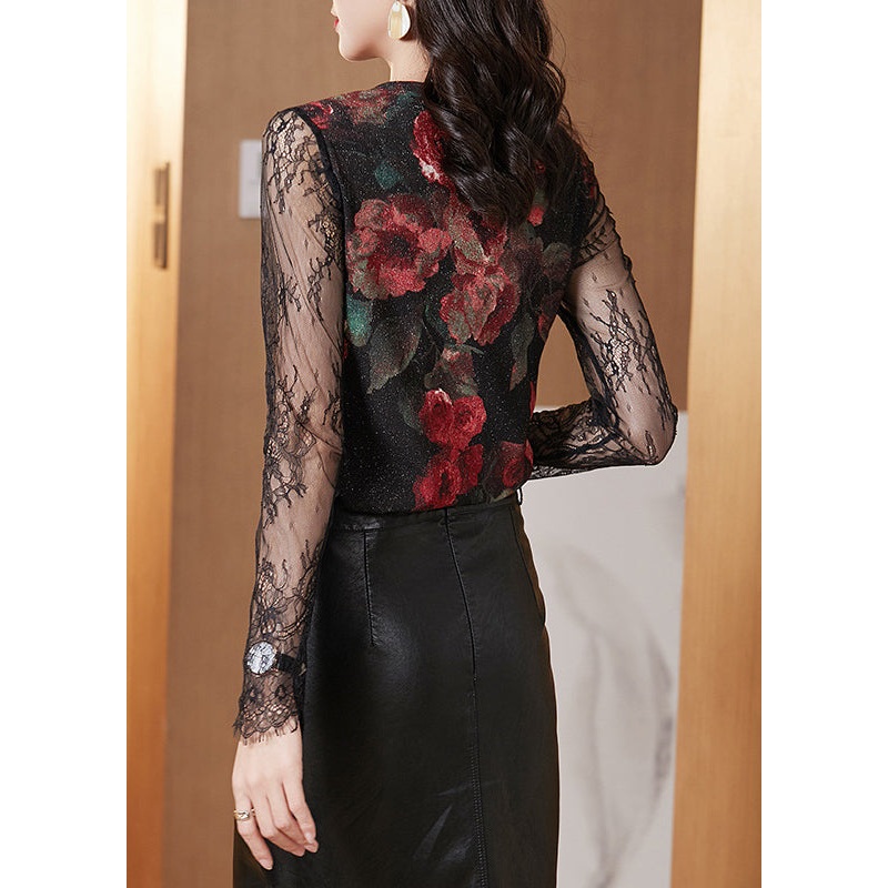 Natural Black V Neck Print Lace Top Long Sleeve