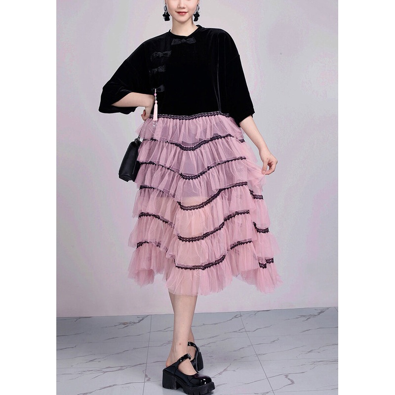 New Black Button Tulle Patchwork Dresses Bracelet Sleeve