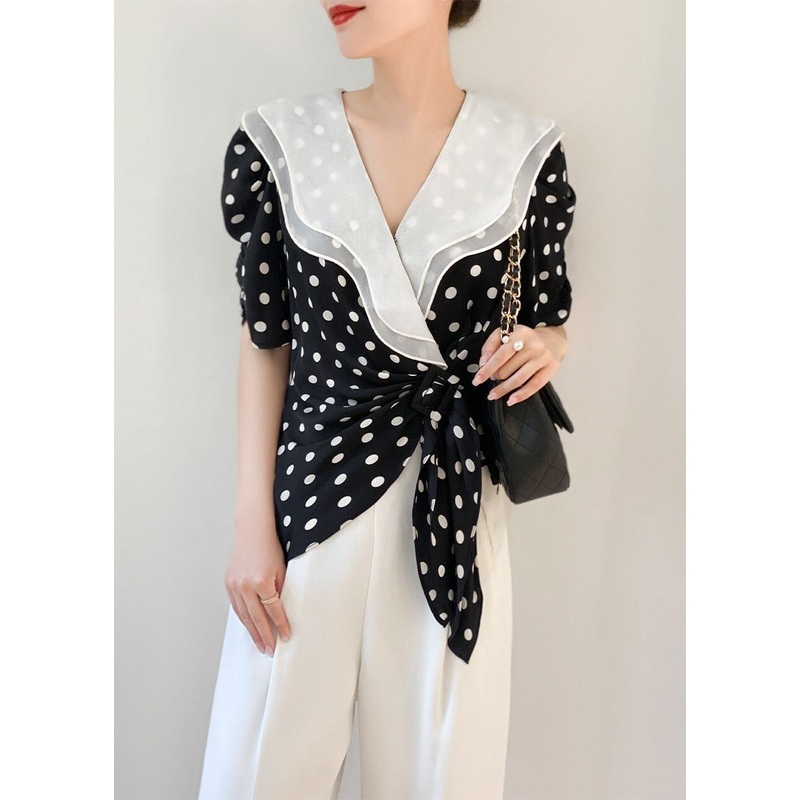 New Black Dot Lace Up Patchwork Chiffon Top Short Sleeve