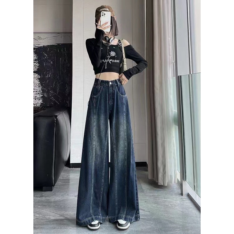 New Blue High Waist Patchwork Denim Wide Leg Pants Spring