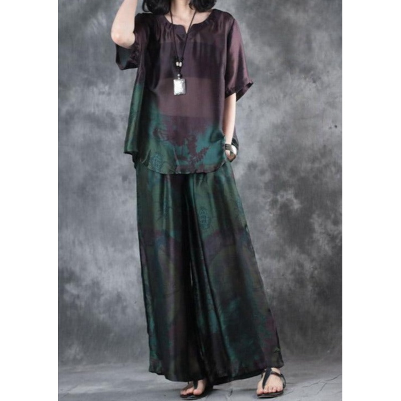 New Dark Purple Vintage Two Pieces Plus Size Pullover Shirts And Wide-leg Pants Skirt