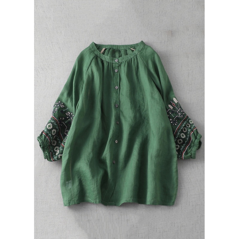 New Green Embroideried Button Cotton Shirt Lantern Sleeve