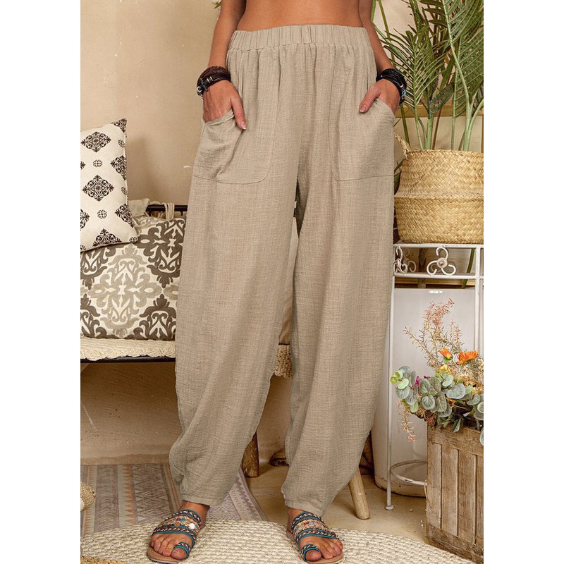 New Khaki Pockets Elastic Waist Linen Pants Summer