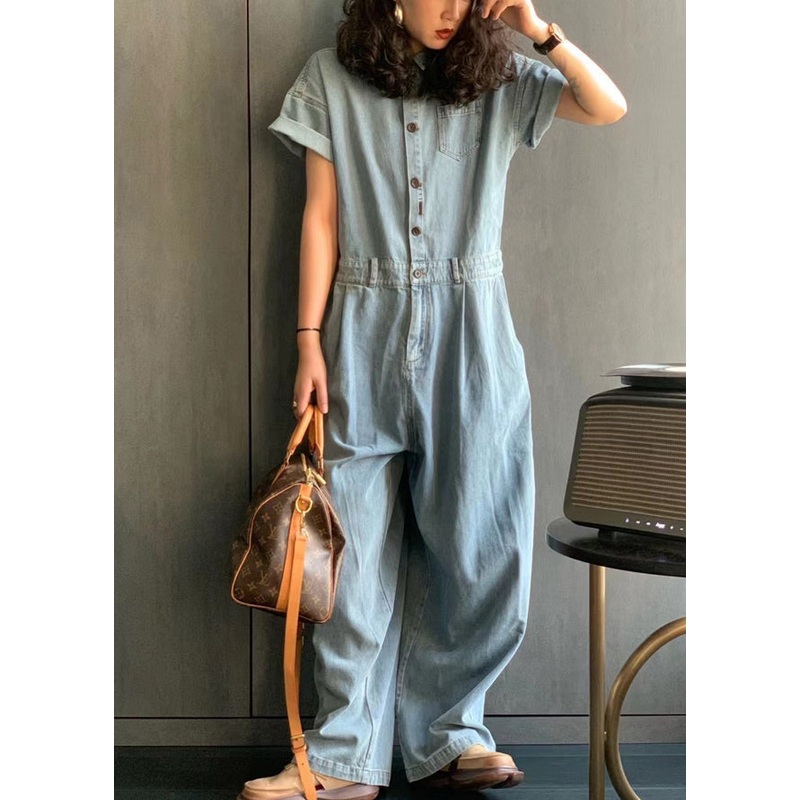 New Light Blue Peter Pan Collar Button Pockets Denim Jumpsuit Summer