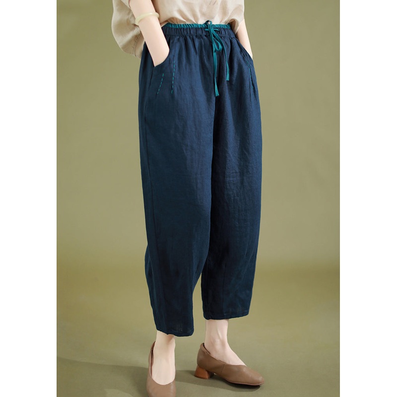 New Navy Lace Up Pockets Elastic Waist Linen Crop Pants