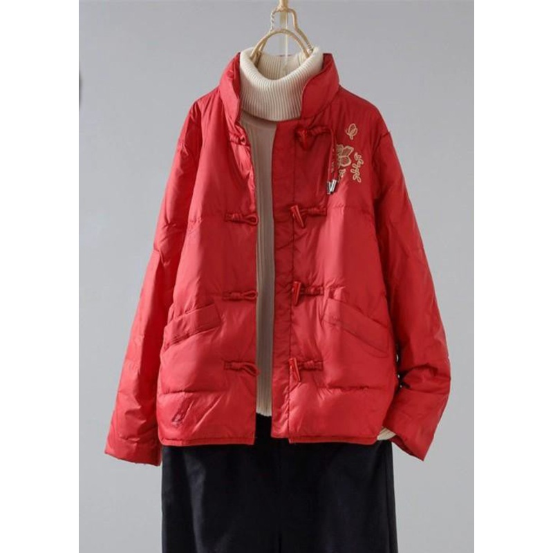 New Red Embroidered Pockets Cotton Filled Parka Winter