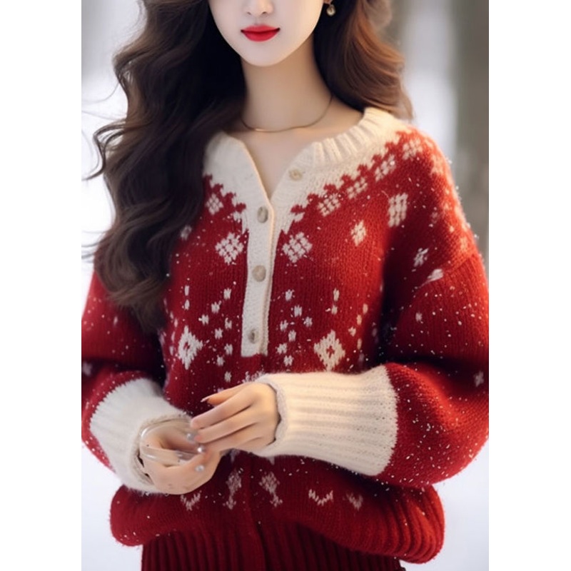 New Red O Neck Thick Print Knitted Sweaters Tops Fall