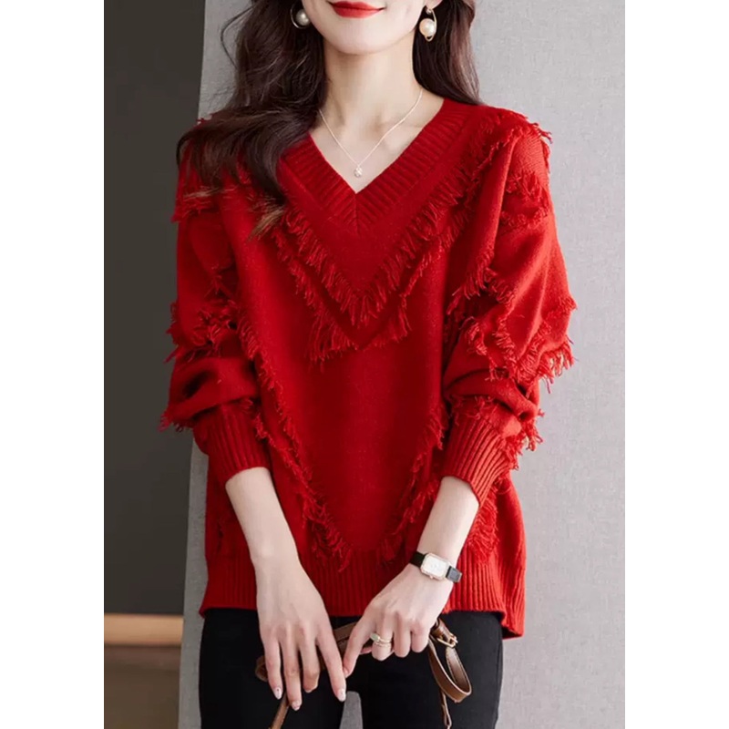 New Red Tasseled Cozy Wool Knit Sweater Fall
