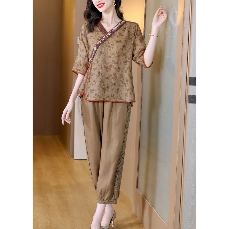 New Retro Khaki V Neck Tops And Pants Linen Two Pieces Set Summer