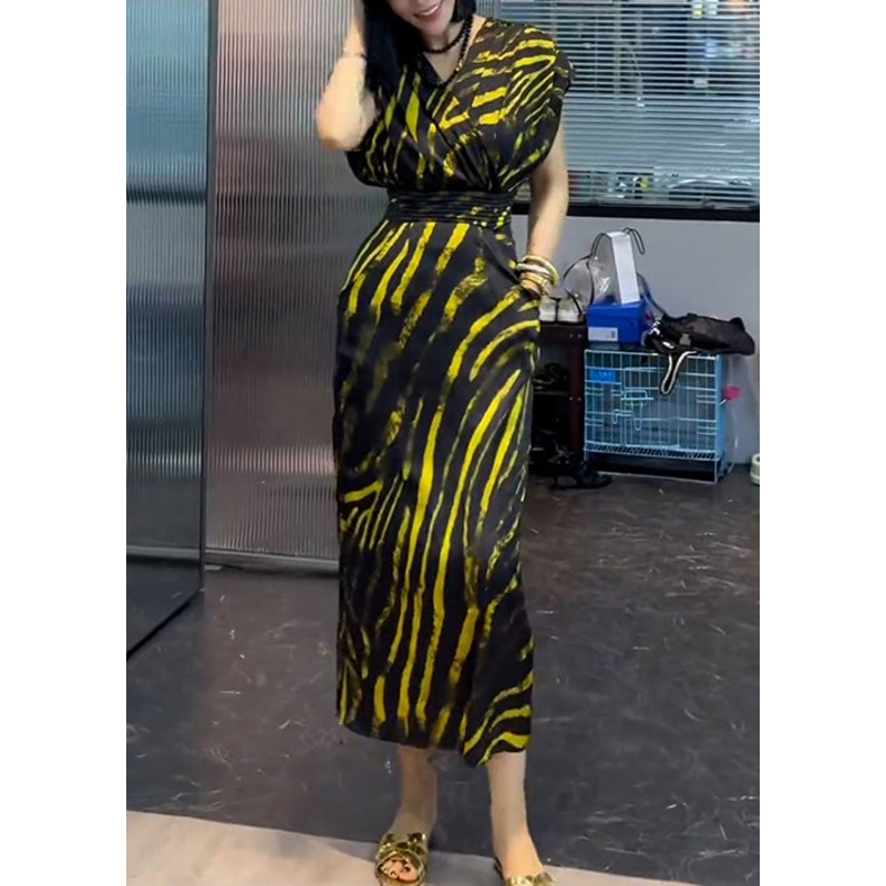 New Striped V Neck Pockets Cotton Long Dress Summer