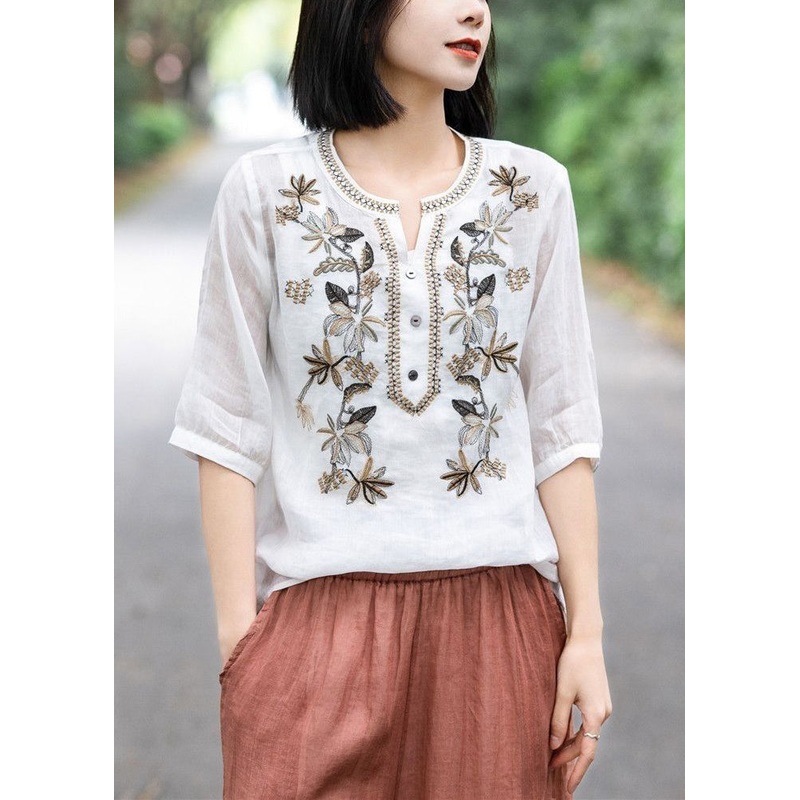 New White V Neck Embroideried Button Cotton Top Summer