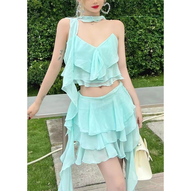 Novelty Light Blue V Neck Ruffled Chiffon Two Pieces Set Sleeveless