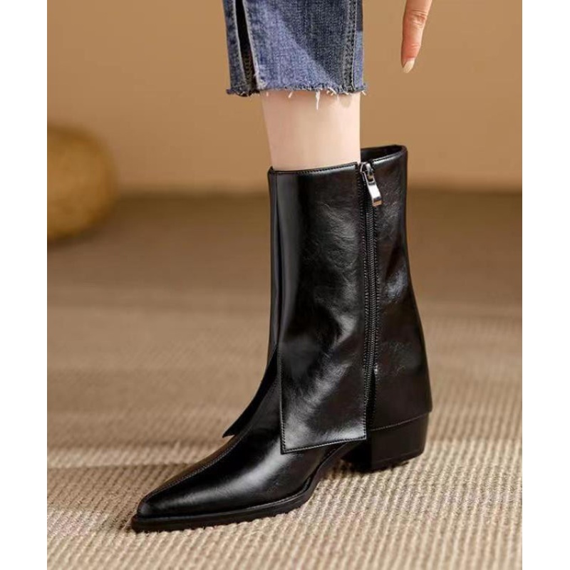 Novelty Style Black Chunky Boots Pointed Toe Cowhide Leather