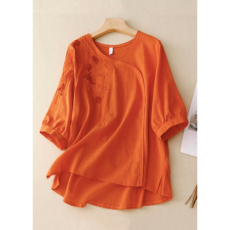 Orange Button Side Open Linen Shirt V Neck Spring