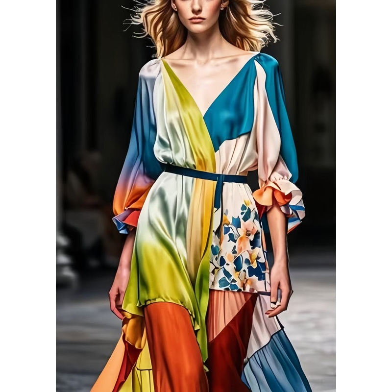 Organic Colorblock Cinched Tie Dye Silk Long Dresses Spring