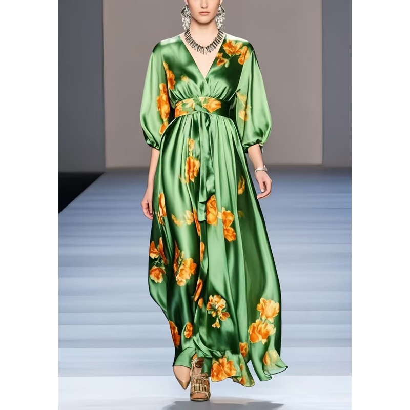 Organic Green Print Exra Large Hem Silk Holiday Dress Half Sleeve