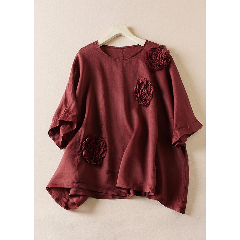 Organic Mulberry O Neck Floral Decorated Linen T Shirt Summer