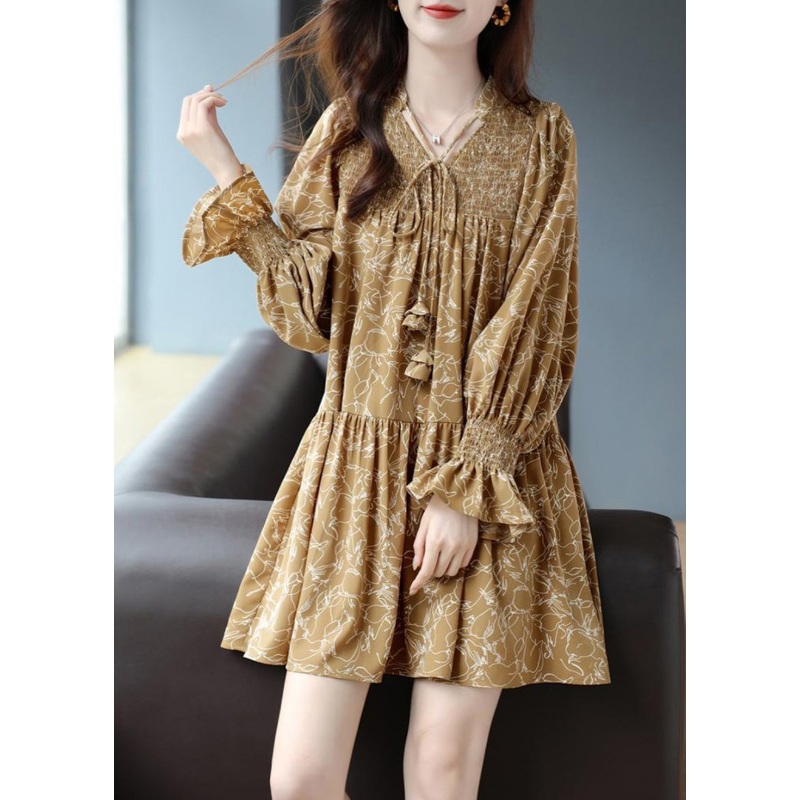 Organic Yellow Lace Up Print Chiffon Mid Dresses Long Sleeve