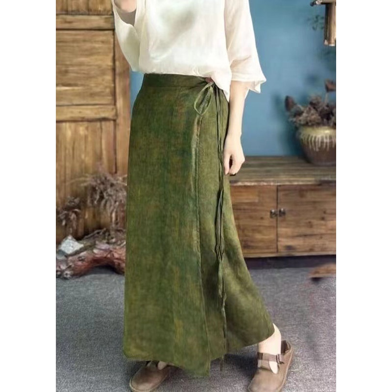 Original Green Linen Printed One Piece Strappy Long Skirt Summer