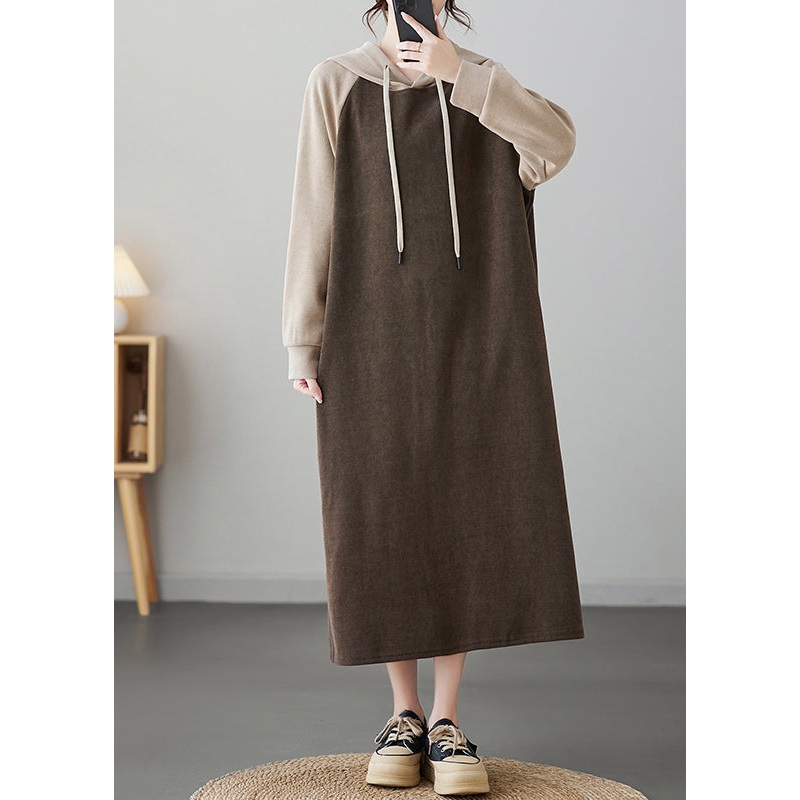 Oversized Trendy Coffee Patchwork Long Hooded Dresses Winter
