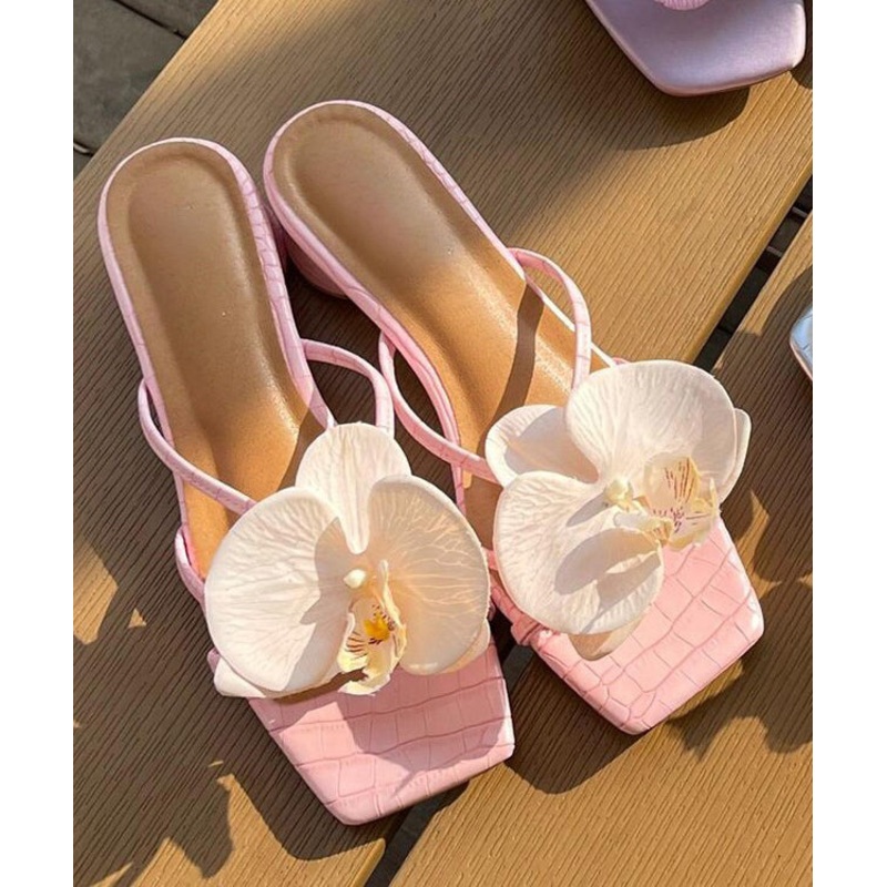 Pink Floral Splicing Chunky Slide Sandals Peep Toe