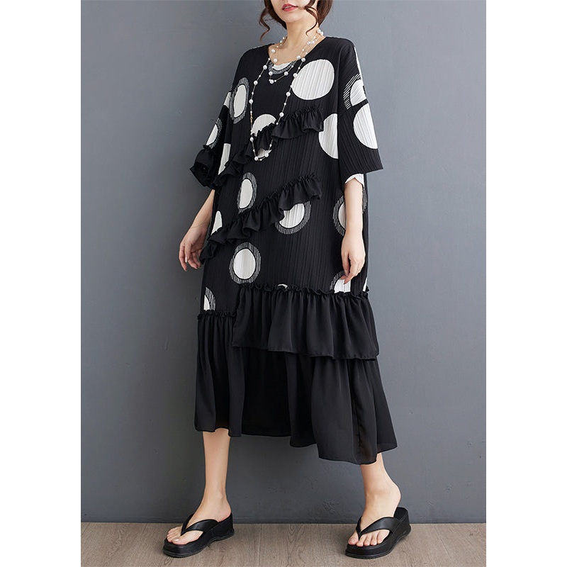 Plus Size Black O Neck Ruffled Patchwork Chiffon Dress Summer