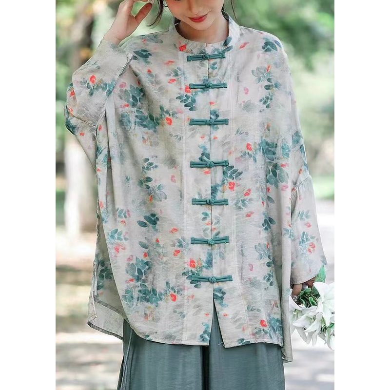 Plus Size Grey Print Button Cotton Shirts Long Sleeve