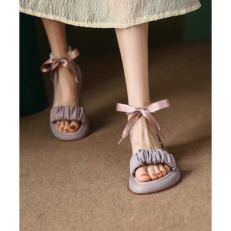 Purple Cowhide Leather Sandals Peep Toe Splicing Bow Lace Up