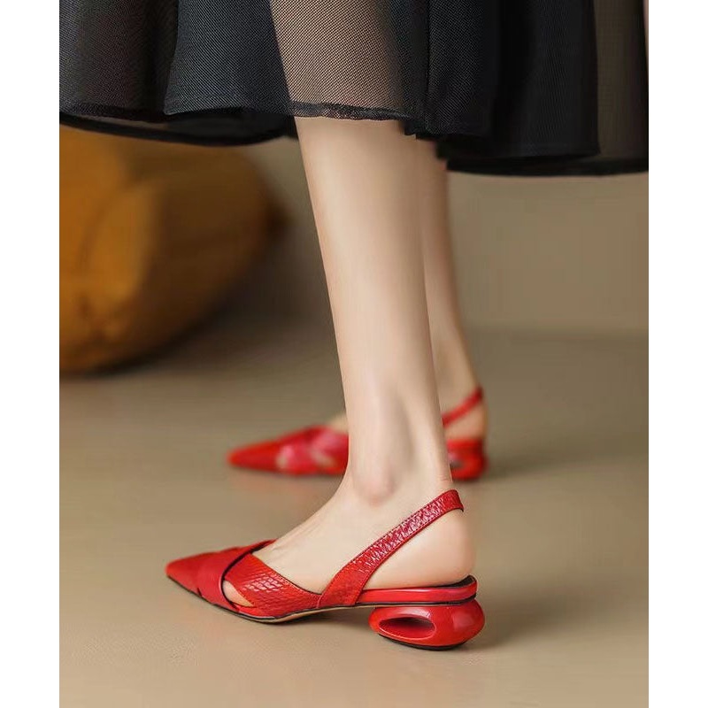 Red Beautiful Hollow Out Splicing Chunky Sandals Pointed Toe