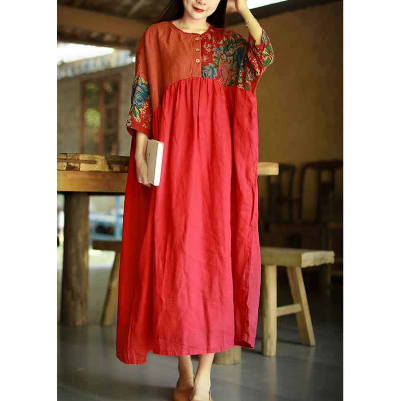 Red Print Patchwork Cotton Long Dresses O Neck Summer