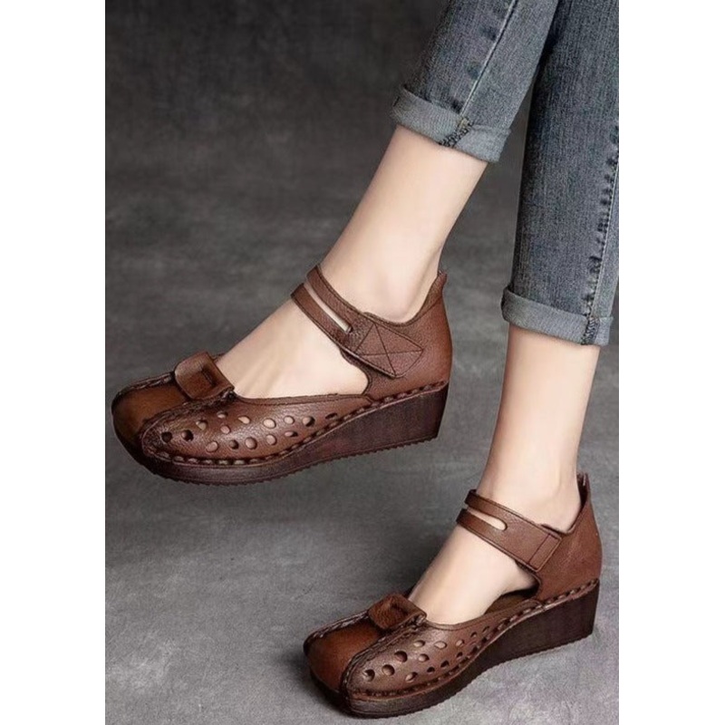 Retro Hollow Out Splicing Wedge Sandals Brown Cowhide Leather